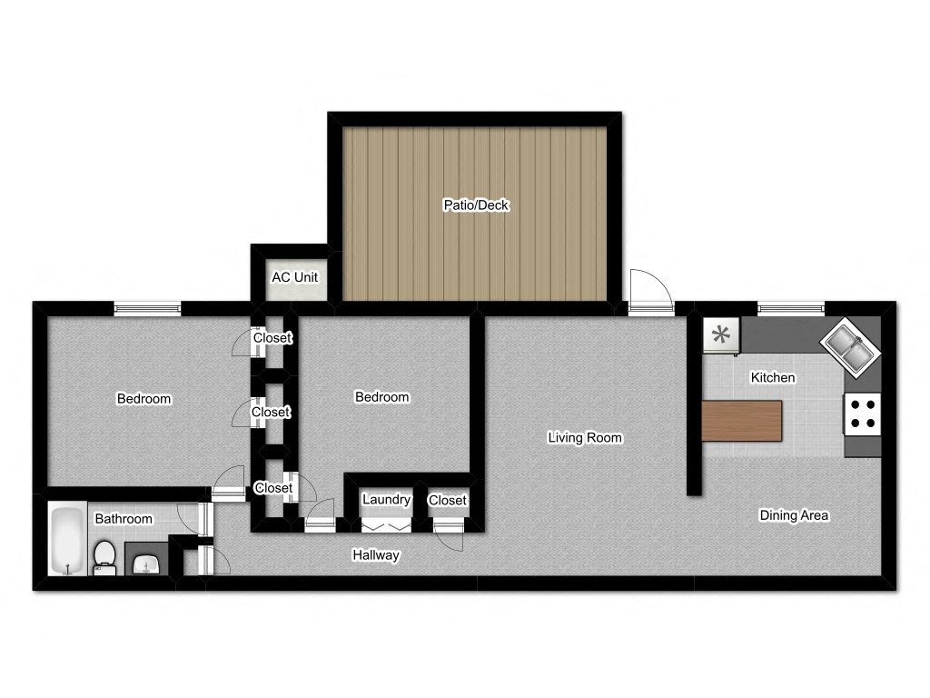 Floor plan for 2 beds, 1 bath, 900 sqft